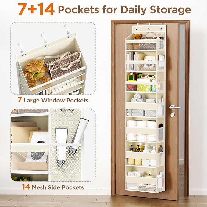 Mefirt Over The Door Organizer, 7 Tier Door Hanging Organizers with 7 Large Pockets 12 Side Pockets, Behind Door Storage Hanging Shelves for Closet Bathroom Bedroom Nursery