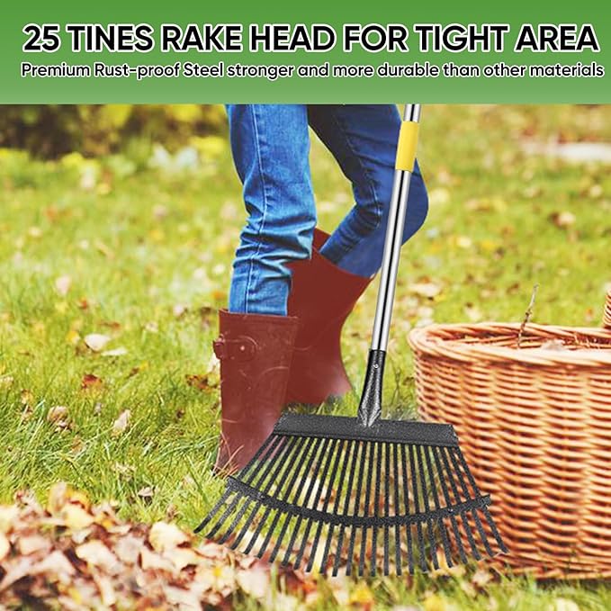 Rake Heavy Duty 6FT Long Garden Rake , 18.5 Inch Wide Leaf Rake for Lawns, 25 Metal Tines, Adjustable Stainless Steel Handle, Rakes for Leaves, Yards, Grass, Garbage, Weeds, Debris (Yellow)