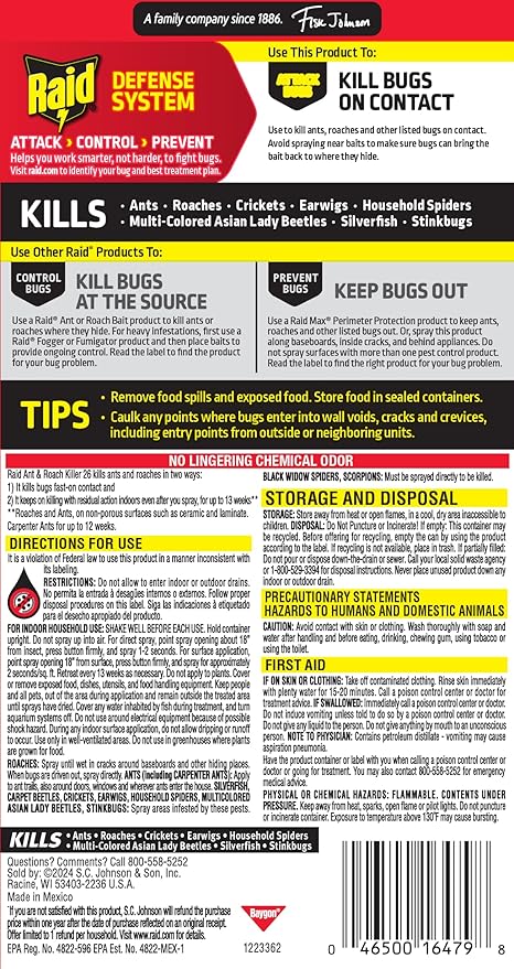 Raid Ant & Roach Killer Spray For Listed Bugs, Keeps Killing for Weeks, Lemon Scent, 17.5 oz