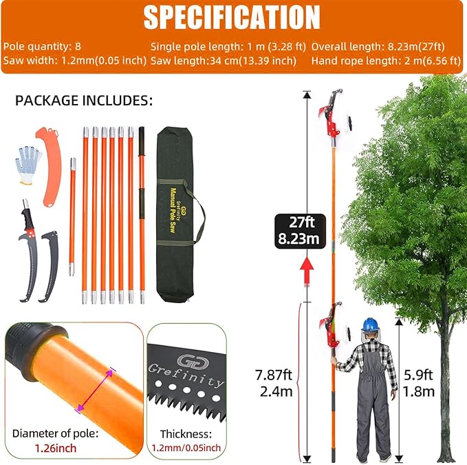 Manual Pole Saw for Tree Trimming, 27 FT Manual tree purner with 8-Section Fiberglass Handle, Sharp steel Blade, Easy to Carry and Extendable Design for Tree Maintenance, Orange
