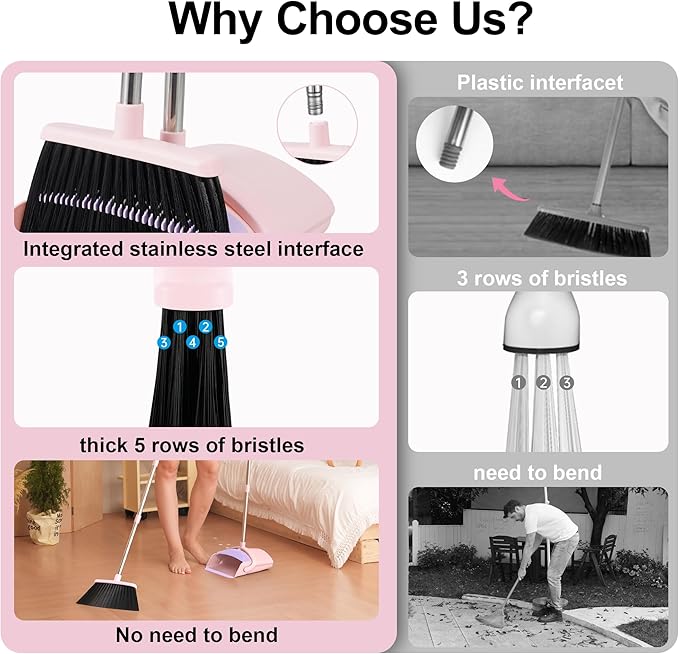 Broom with Dustpan Combo Set, 52-in Adjustable Handles Broom and Dustpan Set with Combo Teeth Easy to Scrape Off Pet Hair, Indoor&Outdoor Sweeping