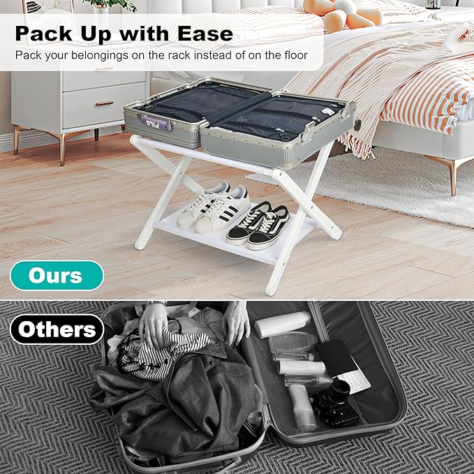 VASMIA Luggage Rack, Folding Suitcase Stand with Storage Shelf,Bamboo Luggage Stand for Guest Room,Bedroon and Hotel,Holds up to 131 lb,Fit Most Luggage Size,White