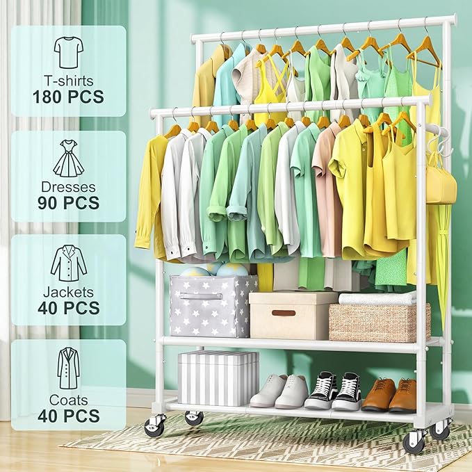 Double Rods Clothes Rack for Hanging Clothes, Heavy Duty Rolling Clothing Rack with Wheels, Freestanding Garment Racks with Oxford Bottom Shelf and Mesh Bottom Shelf for Bedroom Laundry (White)