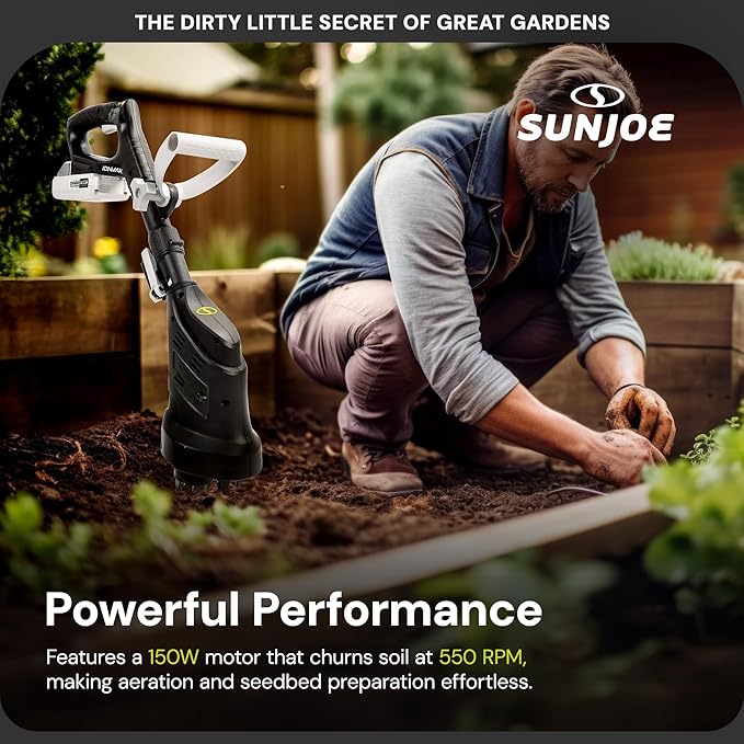 Sun Joe Cordless Garden Claw Tiller & Cultivator with 4-Tine Steel Blades, Battery & Charger, 3.6 Inch, 24V, 150W Motor - Heavy-Duty Tilling Machine for Lawn, Yard, and Gardening Care, 24V-CTLR-LTE
