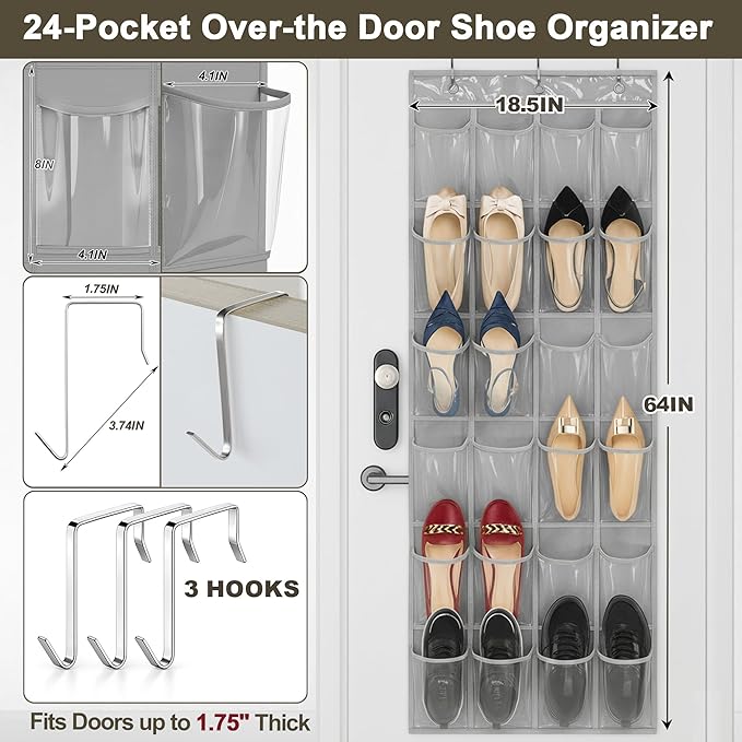 Over The Door Shoe Organizer - Space Saving Shoe Rack for Closet Door with 24 Crystal Clear Pockets and Metal Hooks, Shoe Holder Back of Door Organizers for Shoes, Gray Hanging Shoe Organizer (Gray)