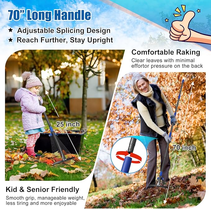 Rake for Leaves: Adjustable Metal Leaf Rake for Lawn, 8-17" Expandable Head, 65” Long Handle,Collapsible Heavy Duty Women Kids Garden Rakes for Yard Pine Needles Mulch Grass Debris Gardening Camping
