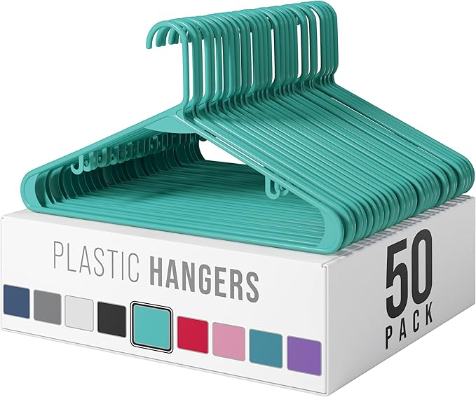 Plastic Hangers 50 Pack Aqua - Clothes Hangers - Makes The Perfect Coat Hanger and General Space Saving Clothes Hangers for Closet - Percheros Ganchos para Colgar Ropa Hangars
