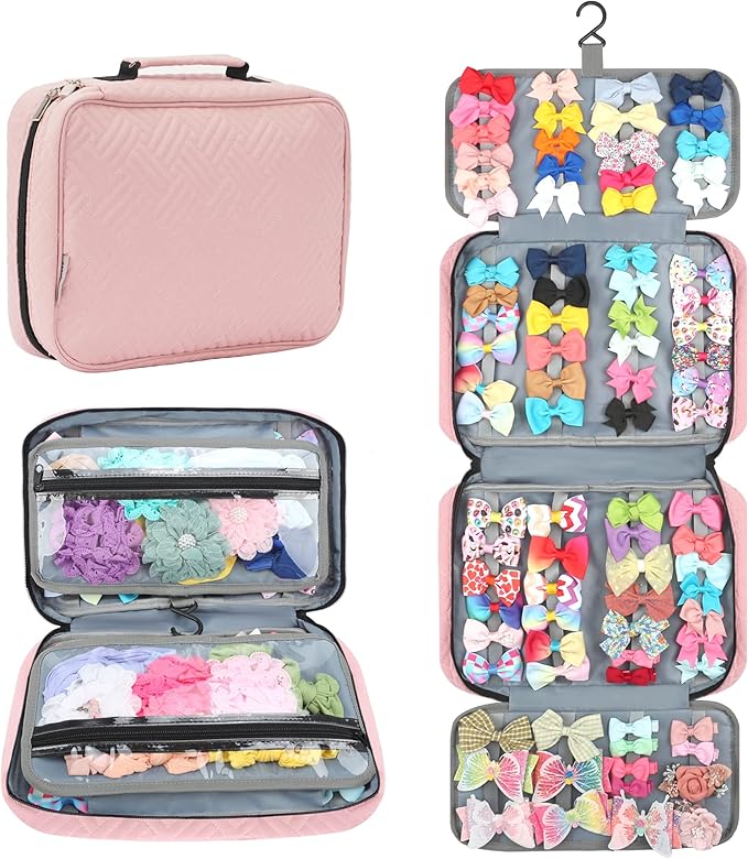 MICOM Hanging Hair Accessories Storage Bag - Organizer for Girls' Hair Bows, Clips, Headbands, Scrunchies & Ties - Display Case with Hook