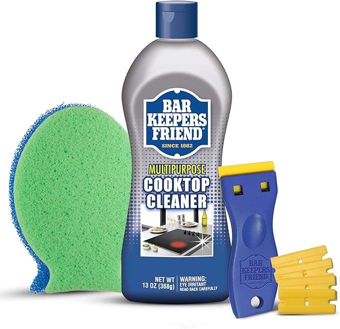 Bar Keepers Friend Cooktop Cleaner + Scraper + Dish Fish - Multipurpose Liquid Stovetop Cleanser, Safe for Use on Glass or Ceramic Cooking Surfaces, Copper, Brass, Chrome, Stainless Steel & Porcelain
