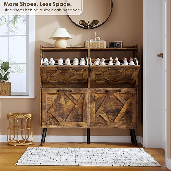 Nicetree Shoe Cabinet with 4 Flip Drawers, Freestanding Shoe Storage Cabinet with Metal Legs, Farmhouse Narrow Shoe Rack Cabinet for Entryway, Foyer, Hallway, Rustic Brown