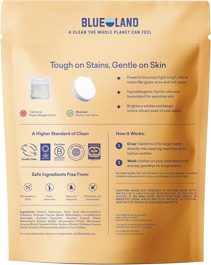 BLUELAND Laundry Detergent Tablets, 36 Count, Plastic-Free Eco-Friendly Pods, Sheets, Liquid Alternative - Fragrance Free and Clear, Natural, Gentle