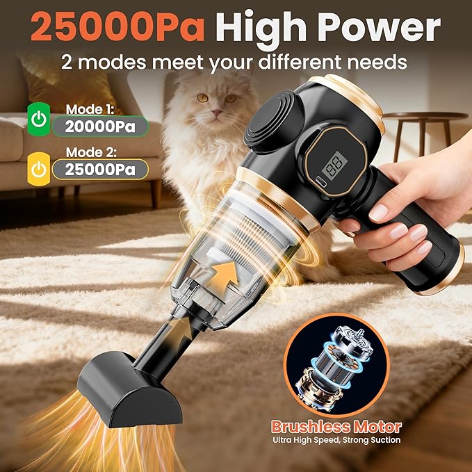 Brushless Motor Portable Cordless Car Vacuum Cleaner – 25000 Pa High Power, LCD Display, Rechargeable Handheld Vacuum for Car, Home, Office | Efficiently Removes Pet Hair, Sofa (Black & Gold)