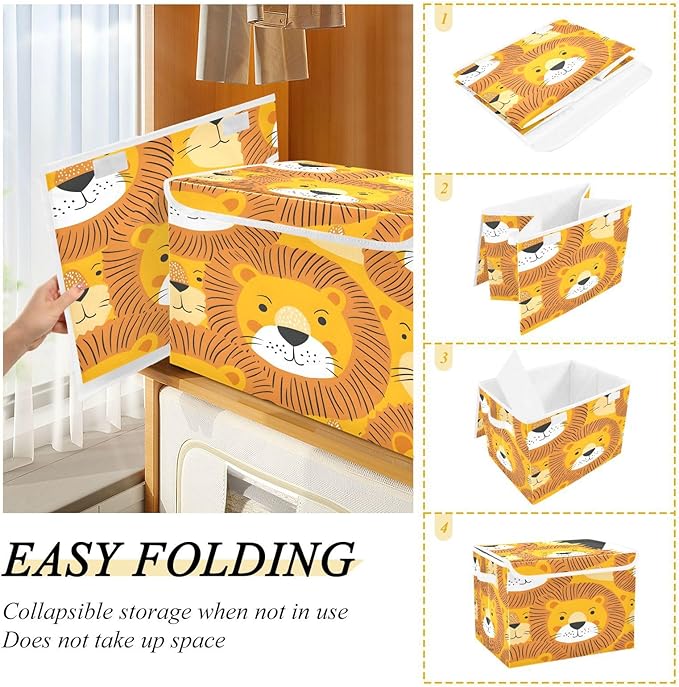 senya Large Storage Bins with Linen Collapsible Foldable Storage Cubes Fabric Closet Organizer Containers box with Flip-Top Lid for Home Bedroom Office 16.7 x 12.6 x 11.8in (Tiger Face)