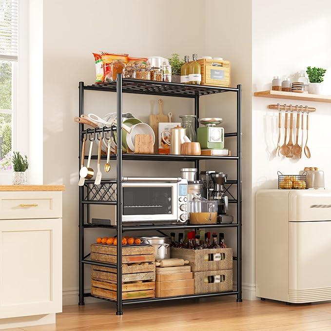 Storage Shelves 4-Tier Large Capacity Metal Shelving with Hooks, Heavy Duty Garage Shelving Unit with Leveling Feet, Stable Metal Shelves for Pantry, Kitchen and Closet,36" W x 12" D x 60" H, Black