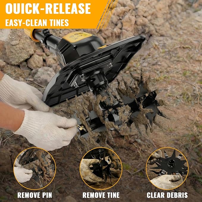 Cordless Tiller Cultivator Compatible with Dewalt 20V MAX Battery, 9In Tilling Width & 7In Depth Electric Tiller for Gardening, 360RPM Rototillers for Garden Cultivator (Tool Only)