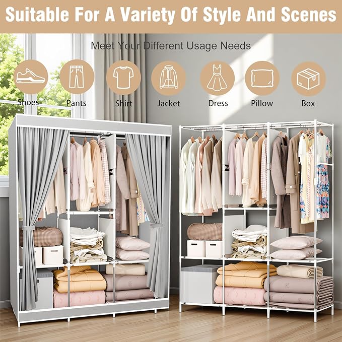 BAOKALER Portable Closet for Hanging Clothes 67 Inch Wide Large Capacity Portable Wardrobe Closet with Cover, Storage Shelves and 3 Hanging Rod, Gray Wardrobe Closet Easy to Assemble and Strong