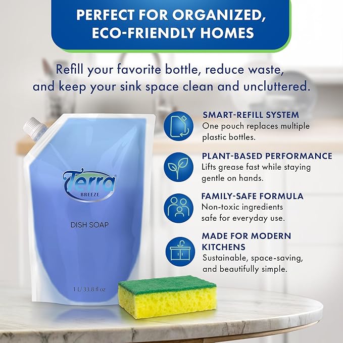 Liquid Dish Soap Refill Pouch 1 Liter – Family Size Dishwashing Liquid for Everyday Home Use - Cuts Grease While Gentle on Hands – Eco Refill for Dish Soap Dispensers & Kitchens