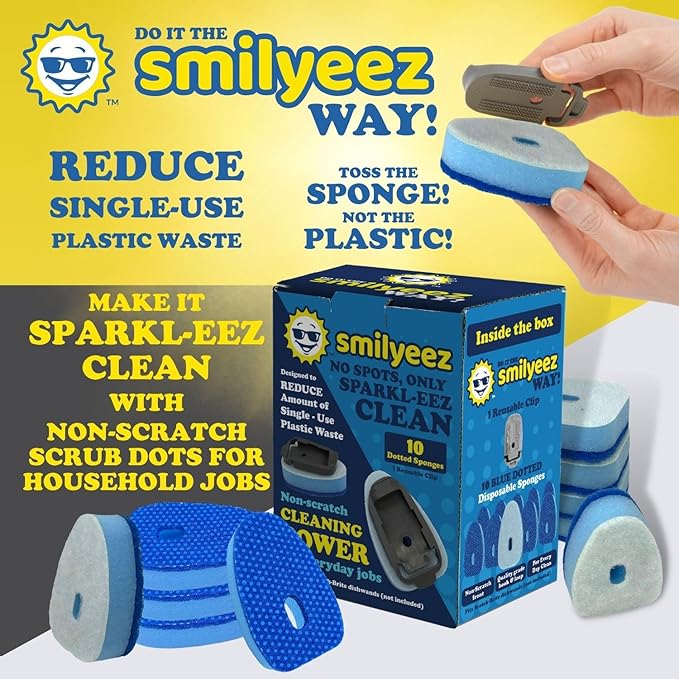 Smilyeez No Plastic Blue Dotted Sponge Refill for Scotch-Brite's Dishwand Refill 10 Pack with Adapter