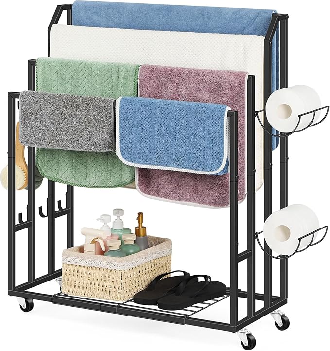 Towel Rack for Bathroom Freestanding Towel Holder Stand Black Blanket Holder for Floor Large Towel Cart with Wheels, Storage Shelves, 6 Metal Hooks for Bathroom, Pool, Living Room