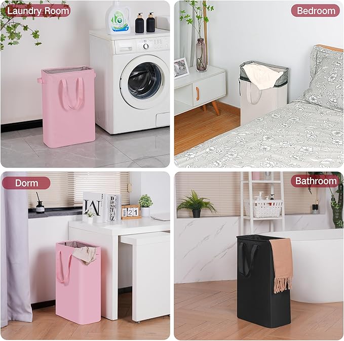 efluky Slim Laundry Basket, Narrow Laundry Hamper with Handles, Collapsible Dirty Clothes Hamper, Tall Laundry Bin for Laundry Room, Dorm and Bedroom, 19.8 Gallon (75L) Pink