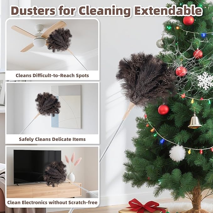Ostrich Feather Dusters for Cleaning Kit - Reusable Soft Feather Duster Extendable to 49 inches for Cleaning Ceiling Fan, High Ceiling, Blinds & Retractable Small Duster for Keyboard, Car