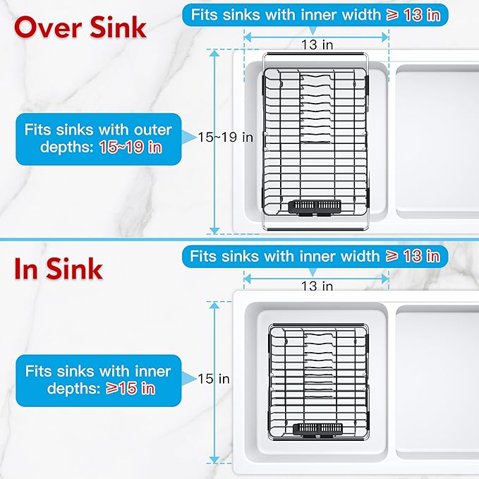 Expandable Stainless Steel Dish Drying Rack Over The Sink For Small Kitchen, Counter Space Saving Compact Black Metal Plate Drain Strainer, Adjustable Hanging In Sink Rust Proof Wire Dryer Holder