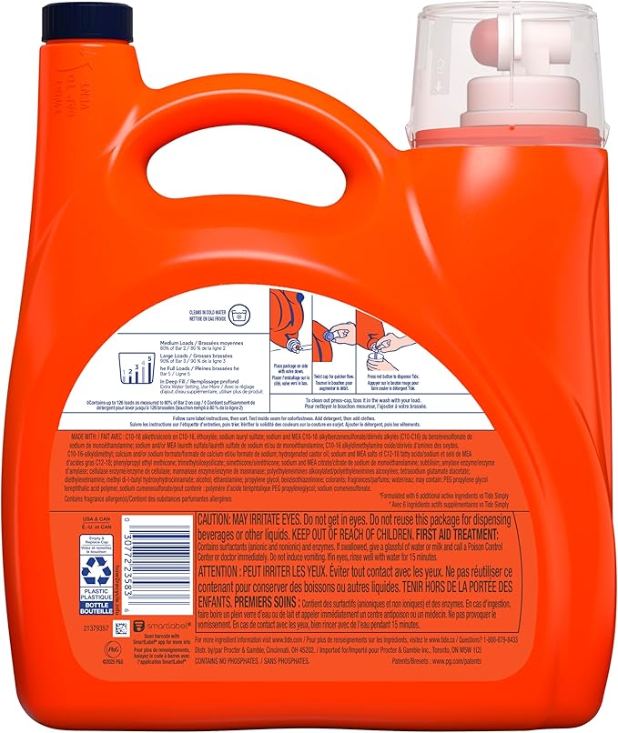 Tide Liquid Laundry Detergent, Original Scent, 126 Loads, 158 fl oz, Boosted Clean even in cold water, laundry soap, concentrated liquid detergent