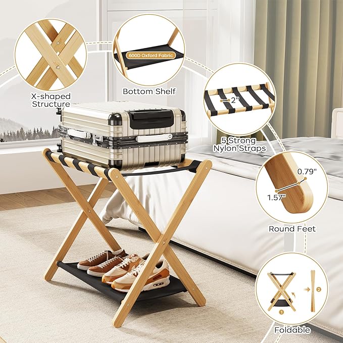 oakvivo Fully Assembled Luggage Rack, 26.77" Natural Luggage Rack for Guest Room, Bamboo Folding Suitcase Stand with Fabric Storage Shelf, Heavy Duty 5 Nylon Straps Luggage Holder for Hotel, 1 Pack