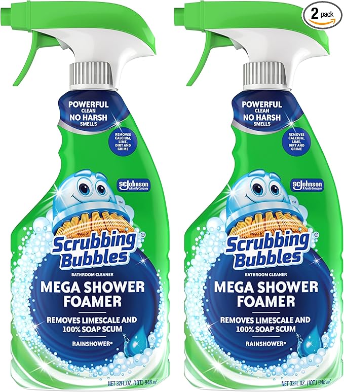 Scrubbing Bubbles Mega Bathroom and Shower Cleaner Spray, Foaming Action Removes Limescale and Soap Scum, Rainshower Scent, 32oz (Pack of 2)