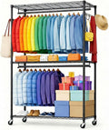 Heavy Duty Clothes Rack, Sturdy Carbon Steel Rolling Garment Rack with Lockable Wheels, Adjustable Shelves & Hooks, Free Standing Clothing Racks for Hanging Clothes, Closet System Max Load 655 LBS