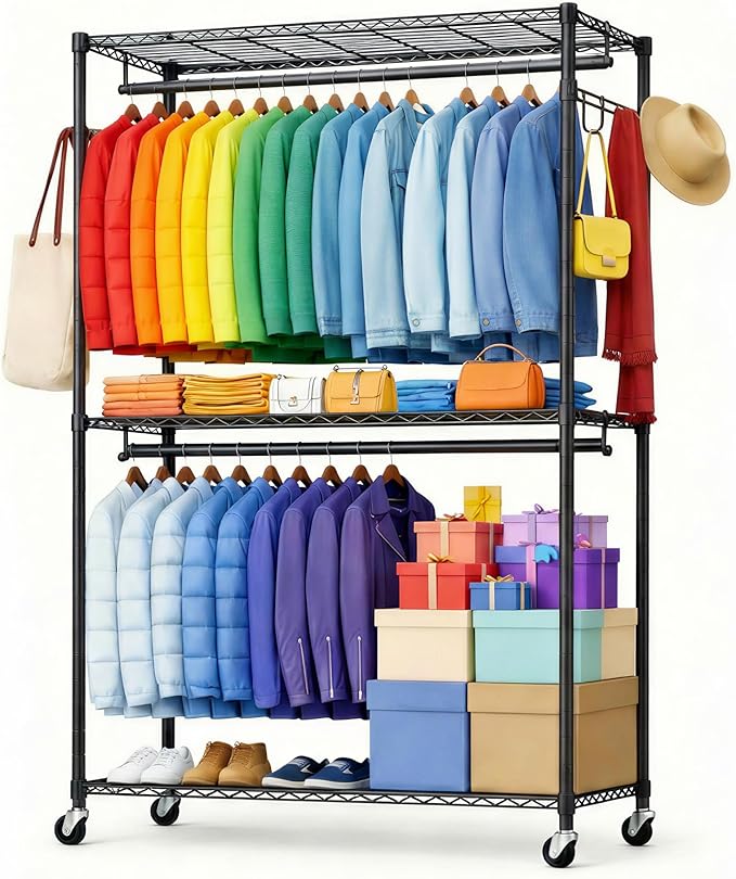 Heavy Duty Clothes Rack, Sturdy Carbon Steel Rolling Garment Rack with Lockable Wheels, Adjustable Shelves & Hooks, Free Standing Clothing Racks for Hanging Clothes, Closet System Max Load 655 LBS