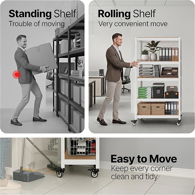 HOMEDANT House 48.1" 5-Tier Metal Rolling Cart Shelf Rack Casters Heavy Duty Laminated Wheel Shelving Unit Adjustable Utility Storage Shelves Shelf Kitchen Garage White 2Pack