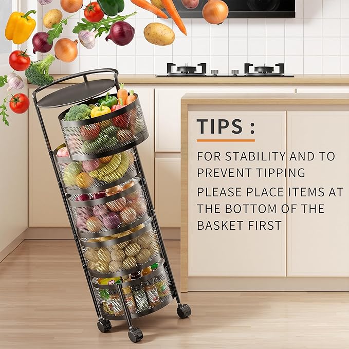 JAQ Rotating Fruit Basket, 5-Tier Metal Sturdy Kitchen Storage Rack Shelf Carts No Assembly on Rolling Wheels for Fruit Vegetable Grocery Corns Potato Onion (5-Tier, Black)