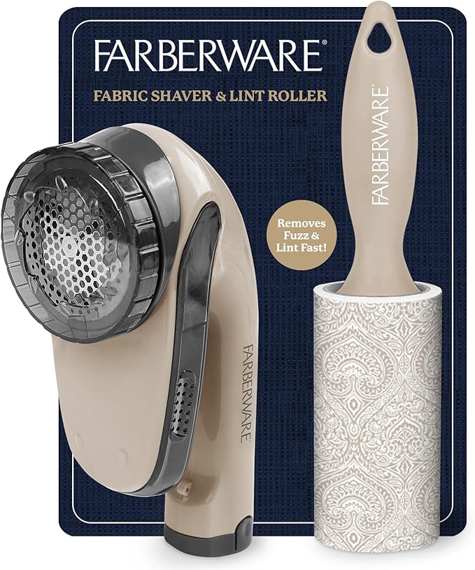 Farberware Fabric Shaver & Lint Remover Set–Battery Operated Sweater Shaver with Triple Blades and Extra Sticky Roller for Pet Hair, Fuzz & Pilling on Clothes, Upholstery & Bedding (Beige, Large)
