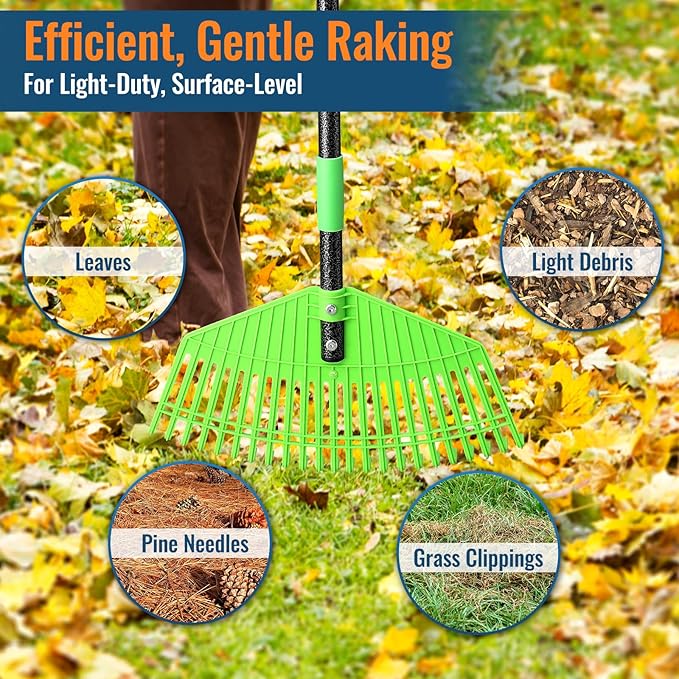 Garden Leaf Rake, 44" Long Handle Prevents Bending, 16.5" Flexible Head, Lightweight & Gentle on Grass, Ideal for Leaf Collection Around Bushes, Flowers and Lawns