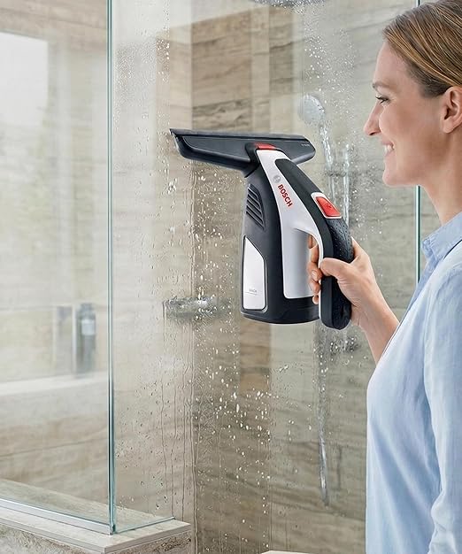 Bosch GlassVAC Cordless Electric Window Vacuum Squeegee Handheld Glass & Surface Cleaner Streak-Free Suction for Showers, Mirrors, Tiles, and Countertops – USB Rechargeable with Dual Head Attachments