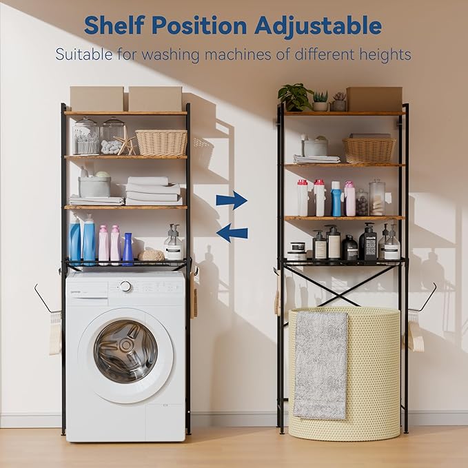 Laundry Room Storage Shelf & Organizer, 4 Tier Over Metal Washer and Dryer Shelves, Washing Machine Shelf, Adjustable Height & Feet, Bathroom Space Saver Shelf, 23.8”W x 9.9”D x 68.1”H, Black