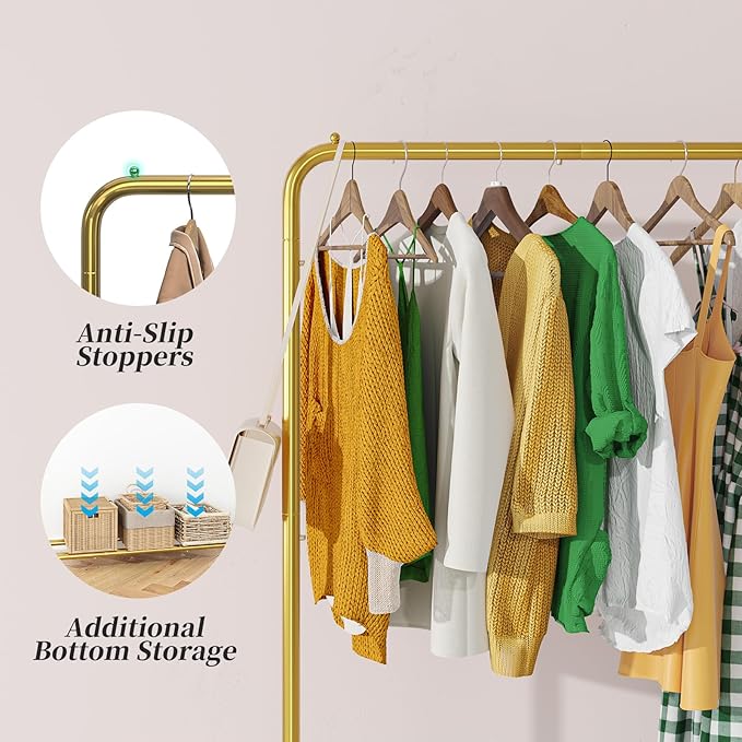 Simple Trending Standard Clothes Clothing Garment Rack with Storage Shelves, Rolling Clothes Organizer on Wheels for Hanging Clothes, Gold