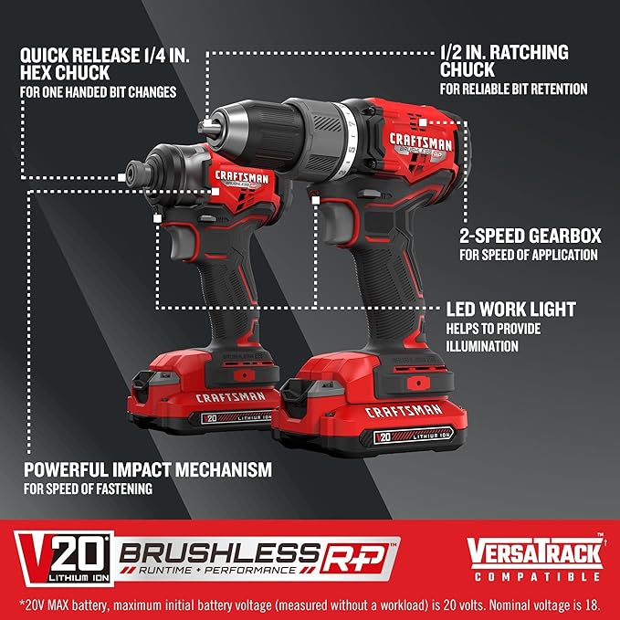 CRAFTSMAN V20 RP Cordless Drill and Impact Driver, Brushless Power Tool Combo Kit, 2 Batteries and Charger Included (CMCK211C2)