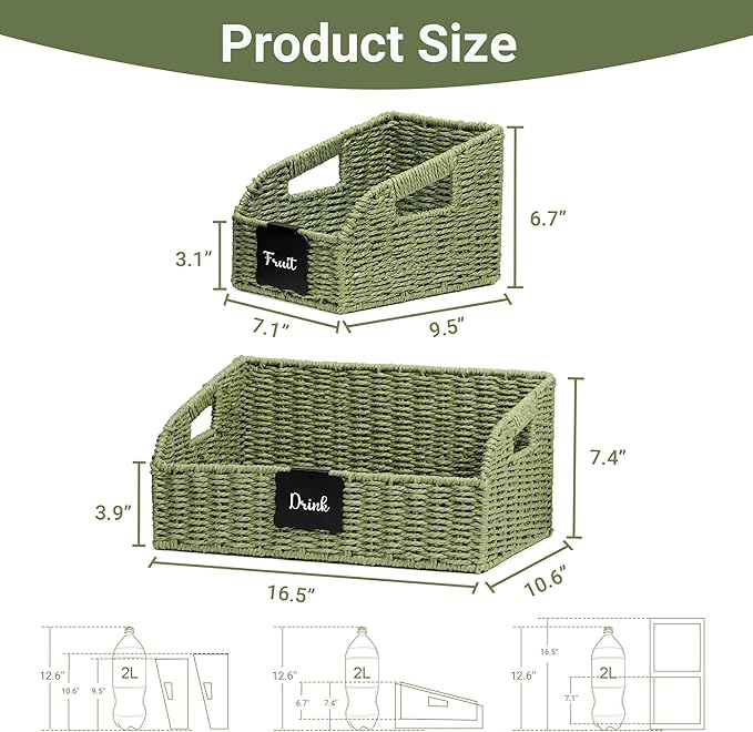 Wicker Baskets for Organizing,Pantry, Kitchen Counter with Handles, Handwoven Woven Storage Baskets for Fruit, Bread, Vegetable, Paper Storage Bins for Shelves, 3 Pack, Green