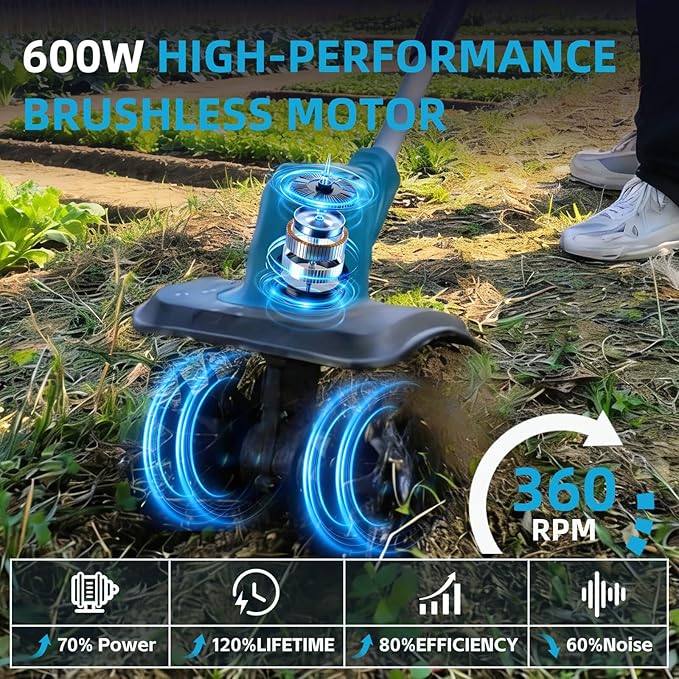 Cordless Tiller Cultivator, Battery Powered Electric Tiller with 360RPM, 48 Steel Tines, 9" Tilling Width, 6.6" Depth, Portable Rotary Tiller for Gardening(2x4.0 Ah Battery & Charge & LCD Display)