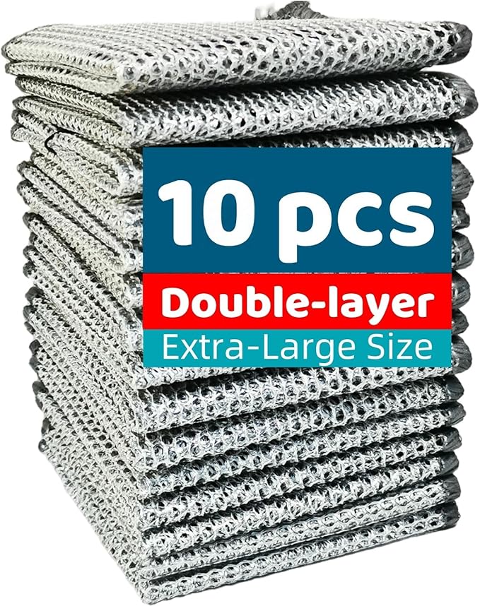 Extra-Large Size Multipurpose Wire Dishwashing Rag,Non Scratch Wire Dishcloth, Reusable Steel Wool Scrubber,Non-Scratch,Quick-Drying,Multi-Purpose for Kitchen,Bathroom Cleaning (10)