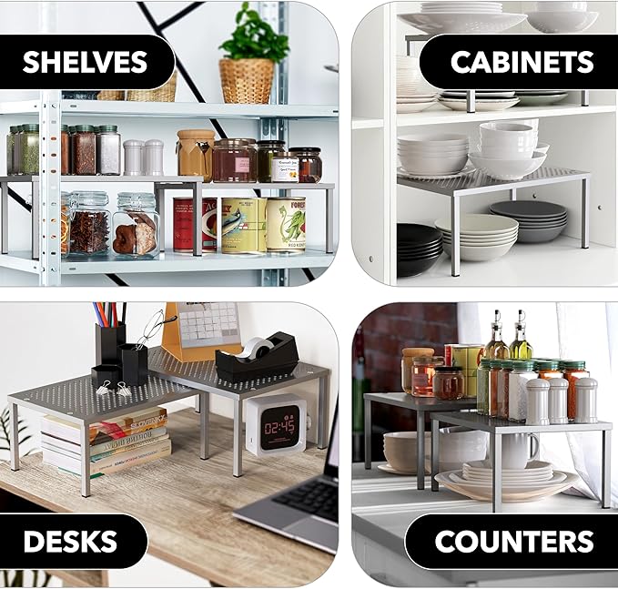 Simple Houseware Expandable Stackable Cabinet and Counter Shelf Organizer with Steel Surface, 9" D x 12.75" W x 5.9" H, Silver