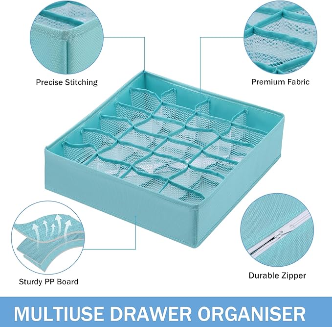 Foldable Storage Cubes Drawer Underwear Organizer Dividers， under Cabinet Organizer 24-Cell Fabric Storage Boxes for Lingerie,Socks,Ties（Light Green）