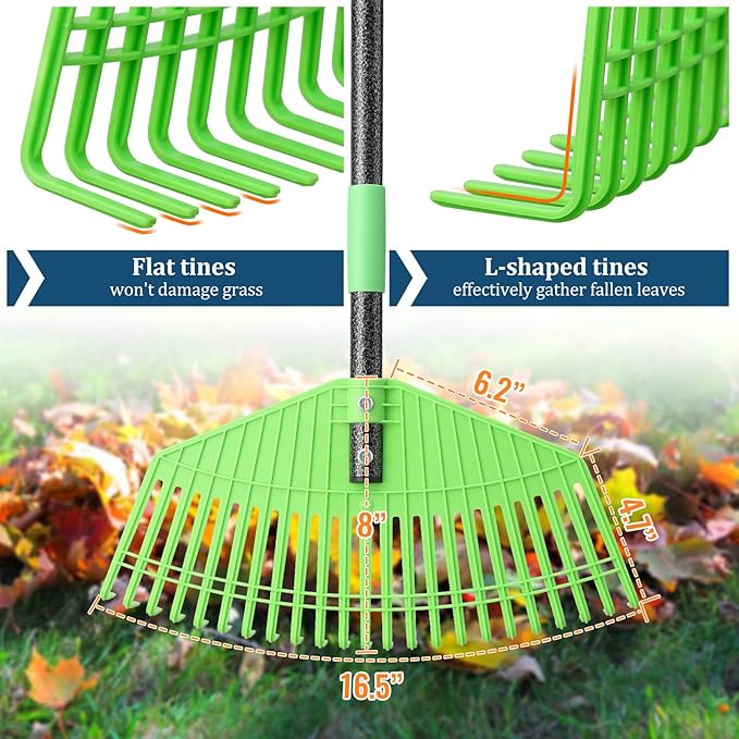 Garden Leaf Rake, 44" Long Handle Prevents Bending, 16.5" Flexible Head, Lightweight & Gentle on Grass, Ideal for Leaf Collection Around Bushes, Flowers and Lawns