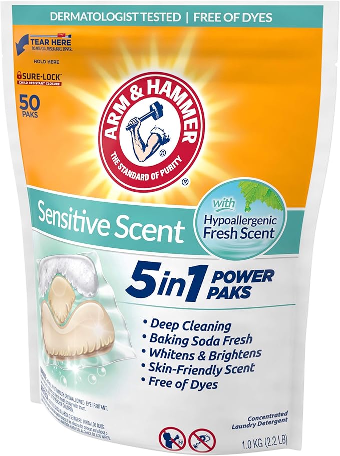 Arm & Hammer Sensitive Scent 5-in-1 Laundry Detergent Power Paks, 50 Count, Fresh