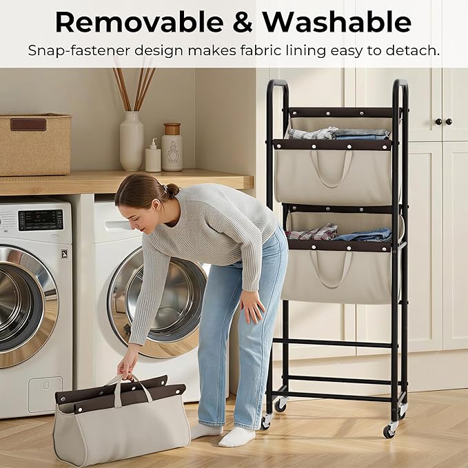 GRANNY SAYS 3 Tier Laundry Sorter, Laundry Basket with Wheels, Laundry Room Organization and Storage, 3 Section Rolling Laundry Cart for Dorm, Bathroom, Bedroom, Closet, Light Khaki