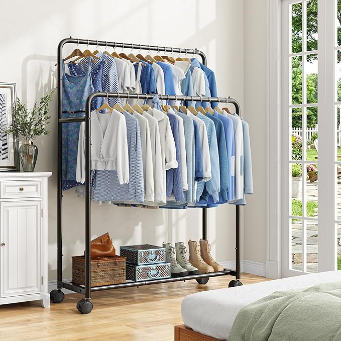 Simple Trending Clothing Clothes Rack Double Rods with Wheels, Rolling Metal Garment Rack for Hanging, Black