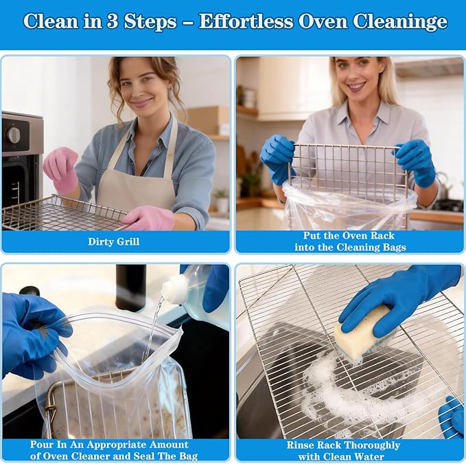 Oven Rack Cleaning Bags, Heavy Duty No Scrub Oven Rack Cleaning Bags, Reusable Leak-Resistant PE Bags for Deep Soaking Grill Grates, BBQ Racks, No Cleaner Included, 3 Pack (15.7''*23.7'')