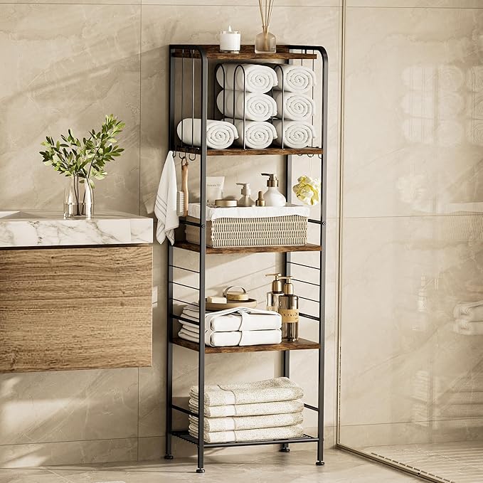 TETOTE Towel Rack for Bathroom 5-Tier Towel Holder with M-Shaped Detachable Dividers Hooks Bathroom Towel Storage Organizer, Rustic